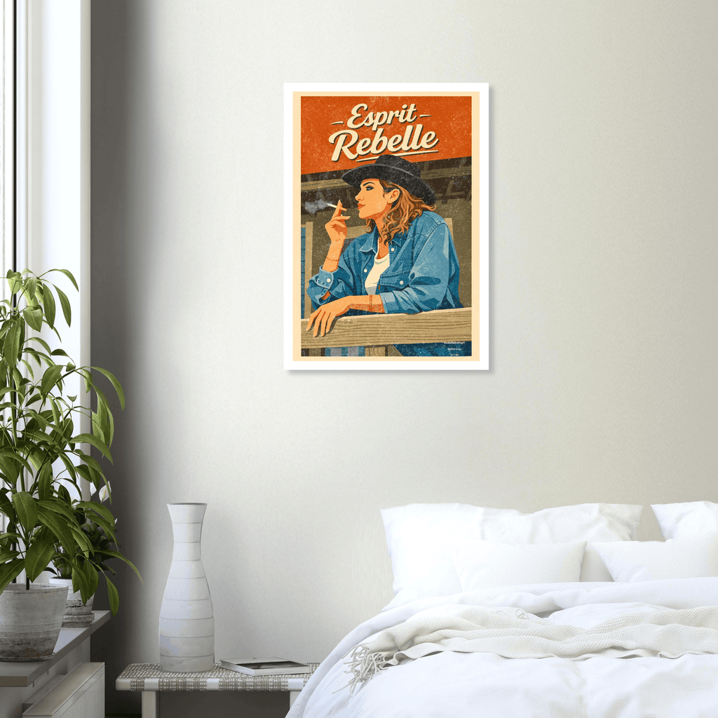 Affiche rétro orange et bleue « Esprit Rebelle », cadre blanc au-dessus d’un lit blanc, près d’une plante