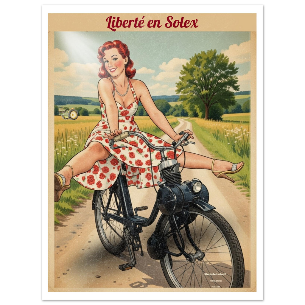 Affiche Liberté en Solex | Affiche vintage rétro – Collection Vintage Stories VS N°002 – StudioRetroPop® – 30x40 cm / 12x16″