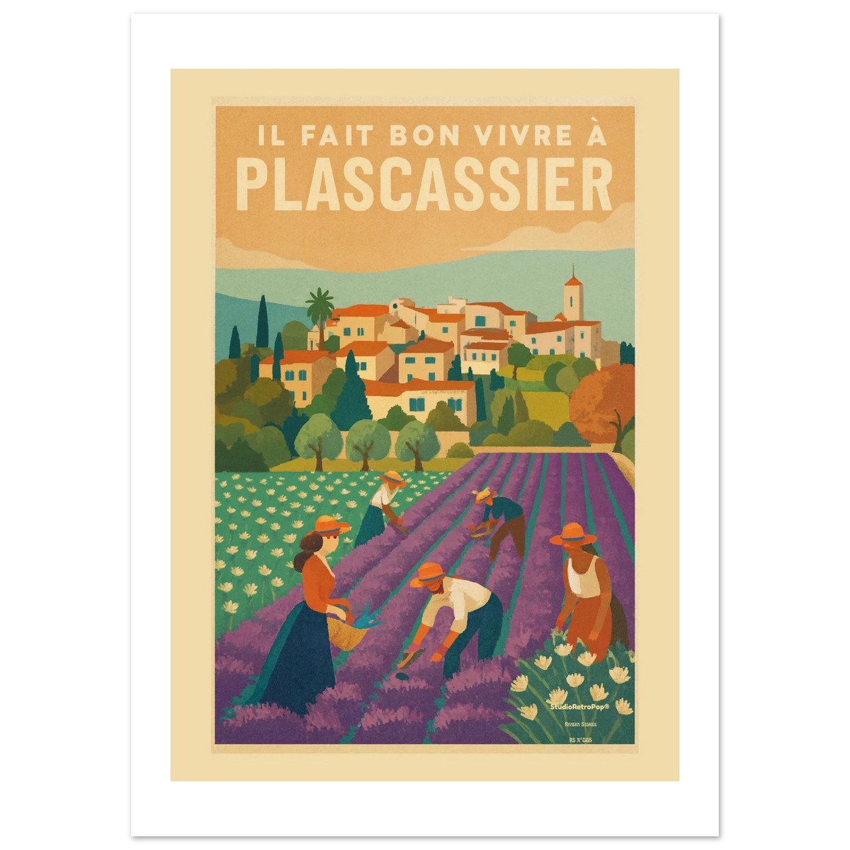 Vue de face : ancien « 6f8e558e-4127-48dc-8e9e-41e83415be94 » → nouveau « Affiche rétro ocre et violette 'IL FAIT BON VIVRE À PLASCASSIER', village et moisson de lavande, vue de face, marge blanche.