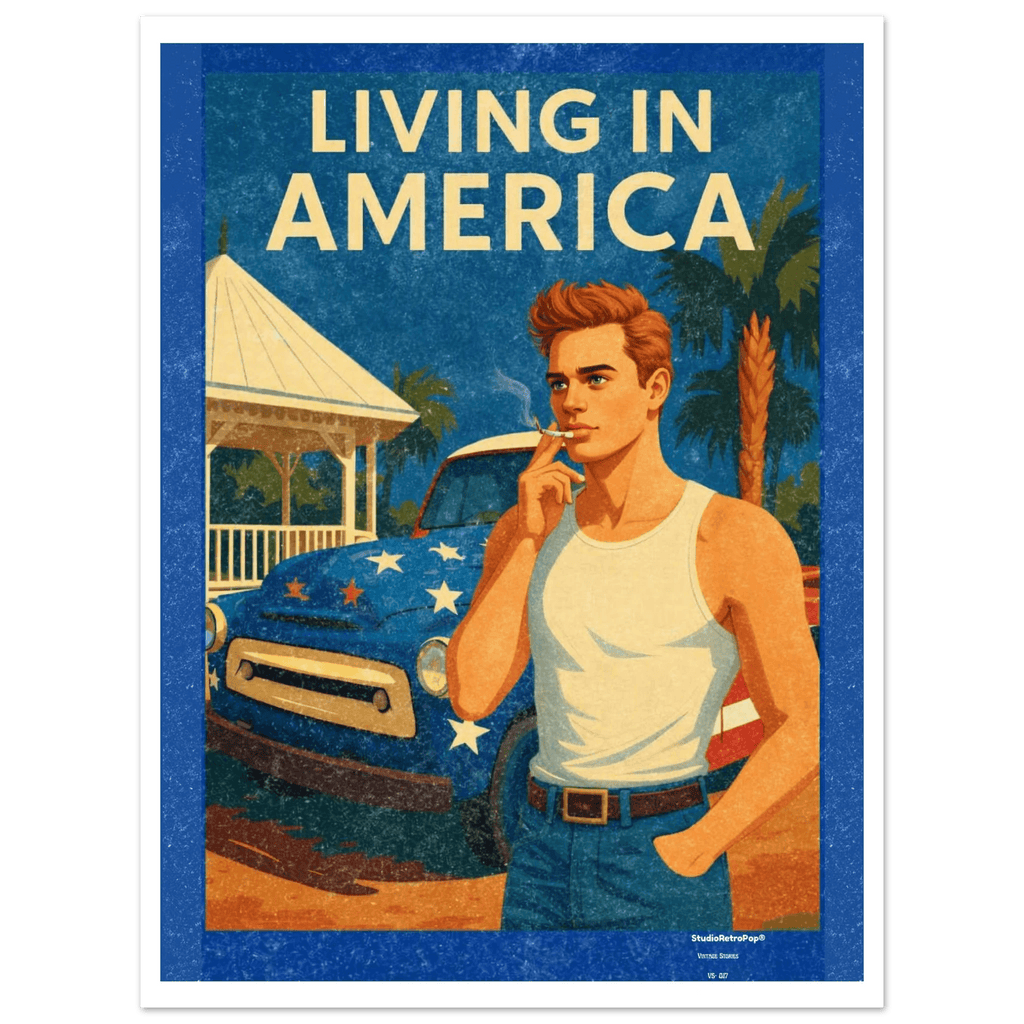 Affiche Living in America posée au sol contre un mur blanc, illustrant un homme en débardeur devant un pick-up aux couleurs américaines