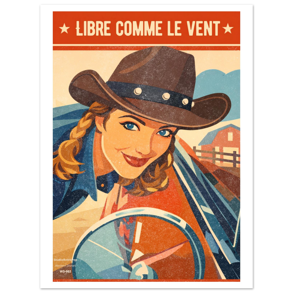 Poster vintage cowgirl années 80 - Libre comme le vent - Collection Western Stories - StudioRetroPop®