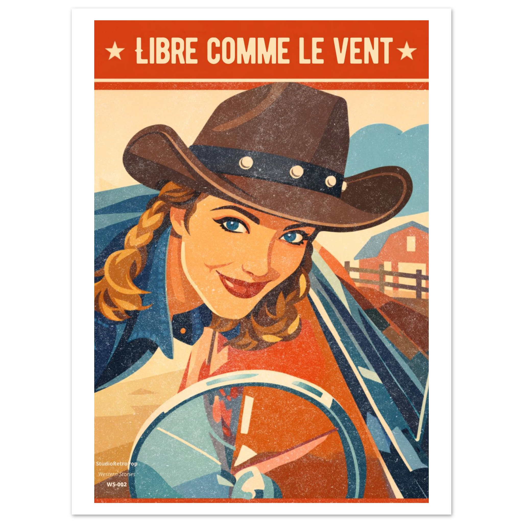 Poster vintage cowgirl années 80 - Libre comme le vent - Collection Western Stories - StudioRetroPop®