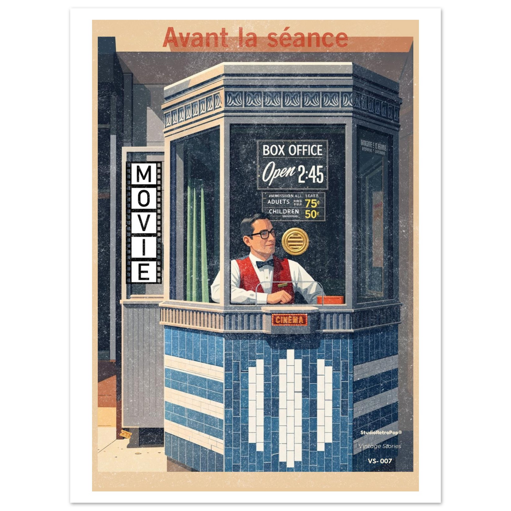 Affiche rétro Avant la séance – guichet de cinéma américain, ambiance nostalgique années 50 – Collection Vintage Stories StudioRetroPop®