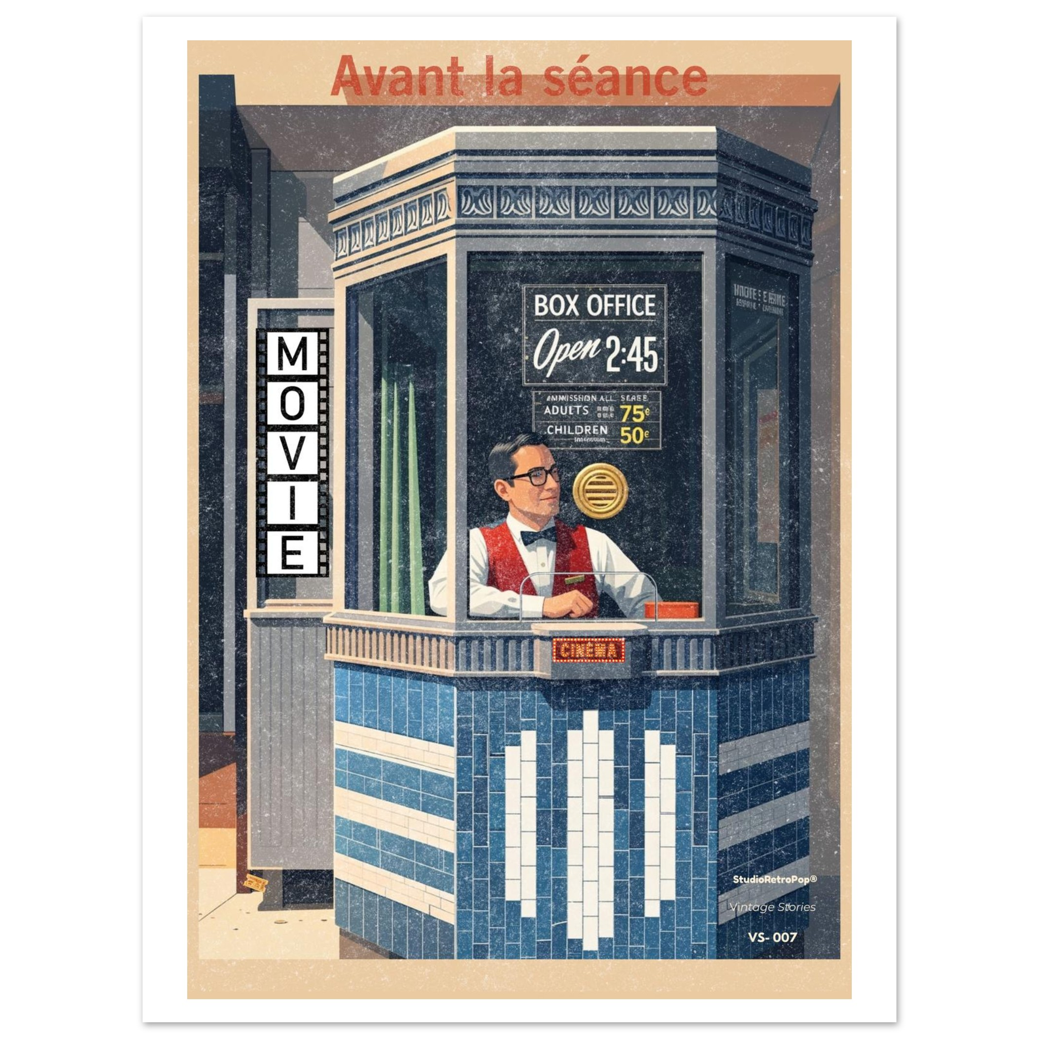 Affiche rétro Avant la séance – guichet de cinéma américain, ambiance nostalgique années 50 – Collection Vintage Stories StudioRetroPop®