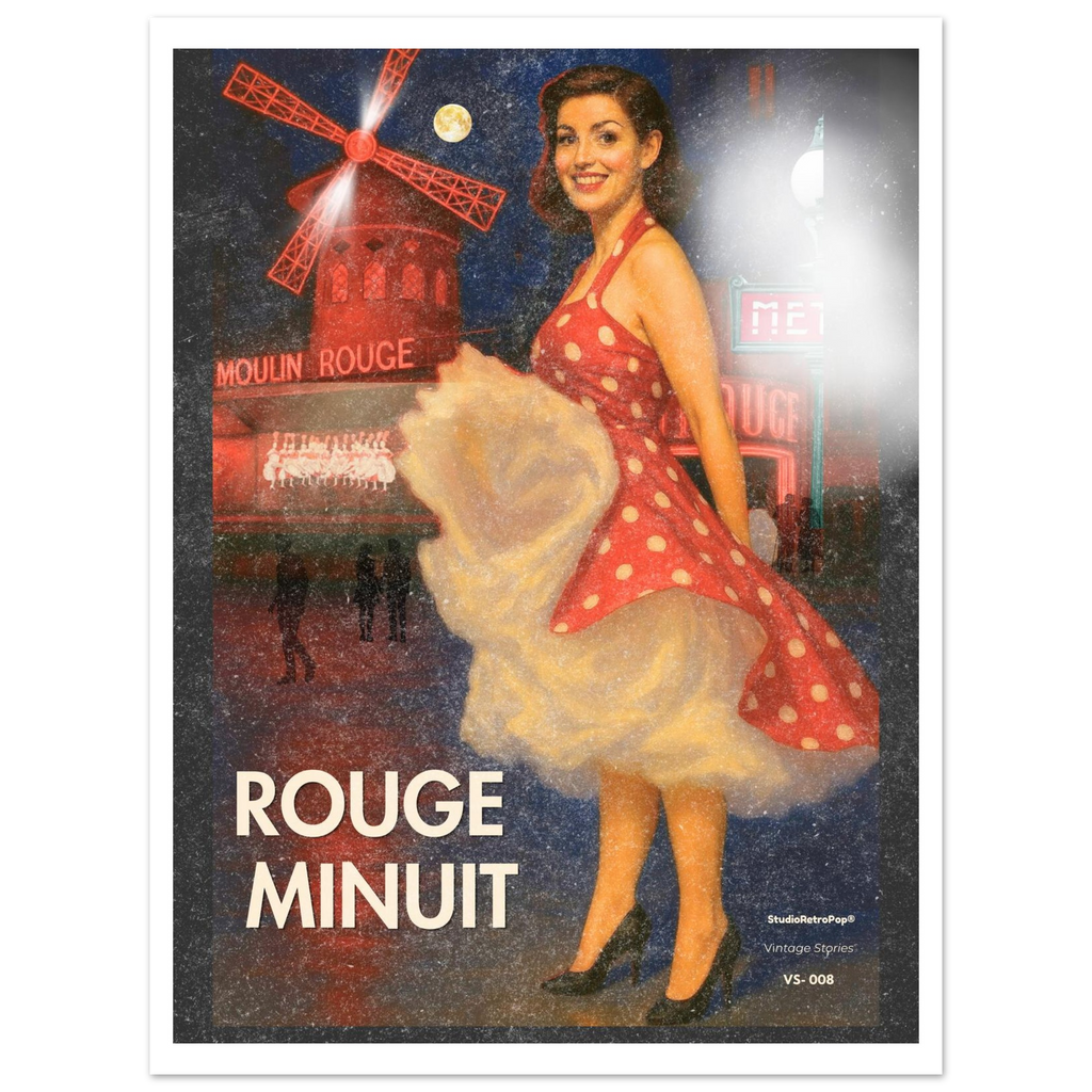 Affiche rétro Rouge Minuit – glamour parisien, Moulin Rouge nuit, illustration pin-up vintage – Collection Vintage Stories StudioRetroPop®