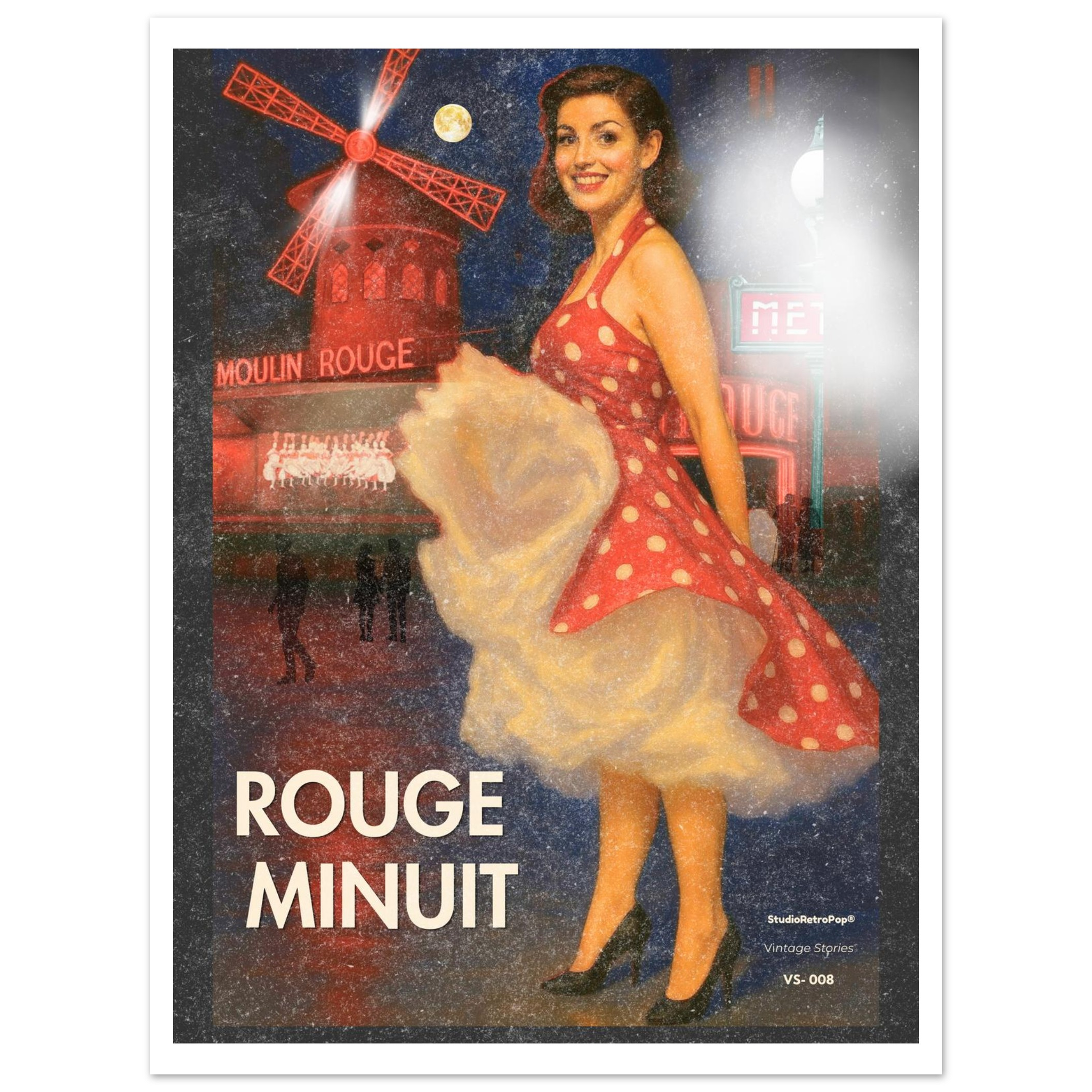 Affiche rétro Rouge Minuit – glamour parisien, Moulin Rouge nuit, illustration pin-up vintage – Collection Vintage Stories StudioRetroPop®