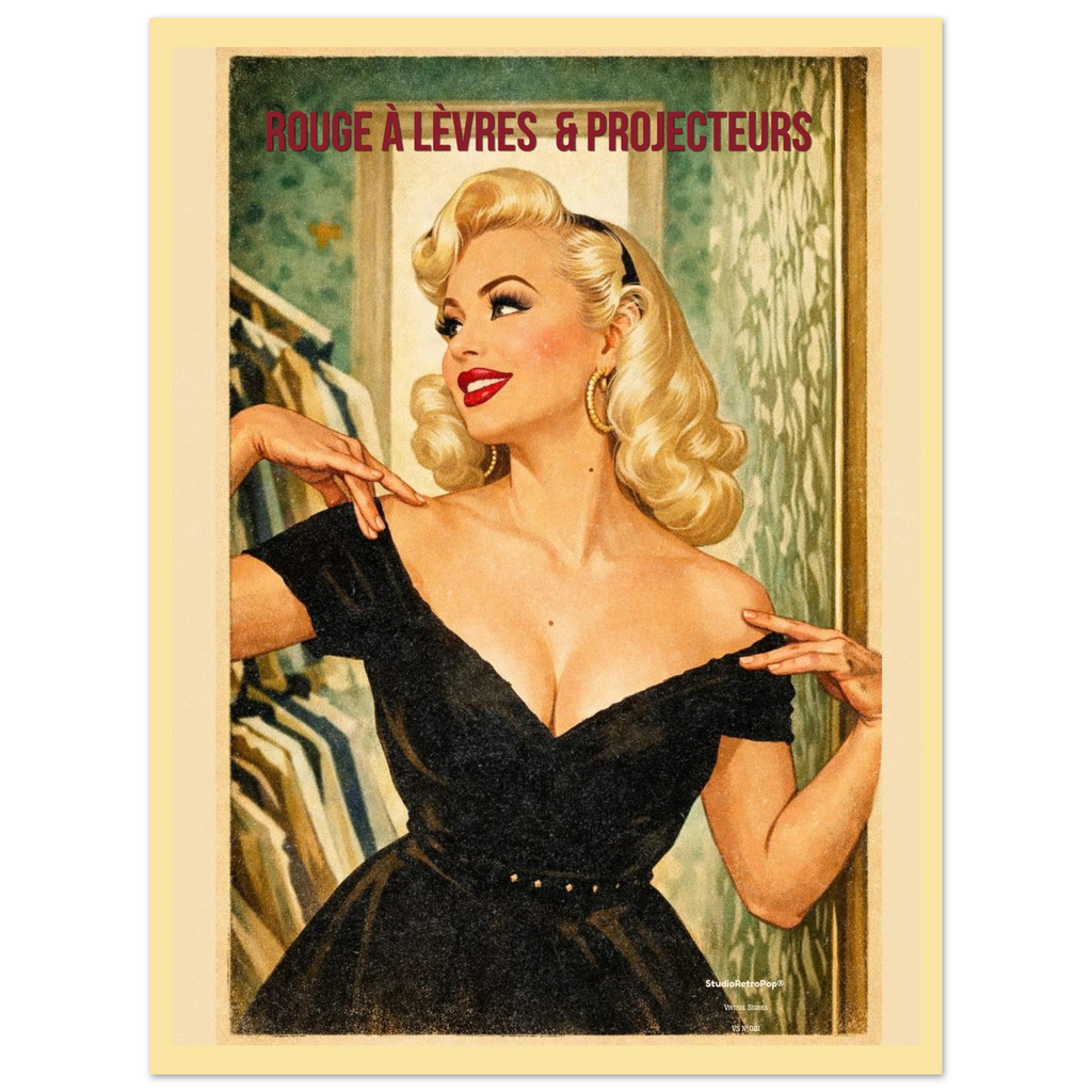 Affiche Rouge à lèvres & Projecteurs | Affiche vintage rétro – Collection Vintage Stories VS N°001 – StudioRetroPop® – 30x40 cm / 12x16″