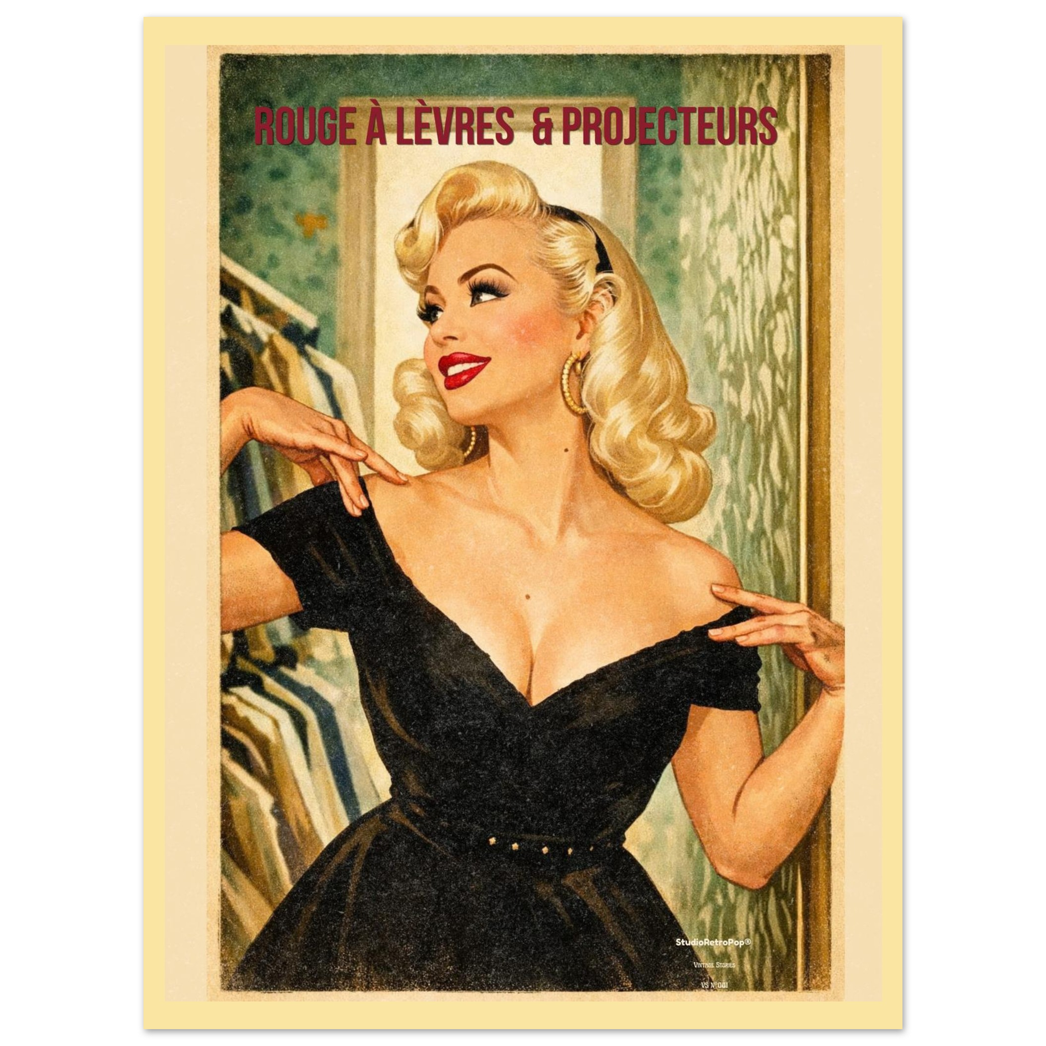 Affiche Rouge à lèvres & Projecteurs | Affiche vintage rétro – Collection Vintage Stories VS N°001 – StudioRetroPop® – 30x40 cm / 12x16″
