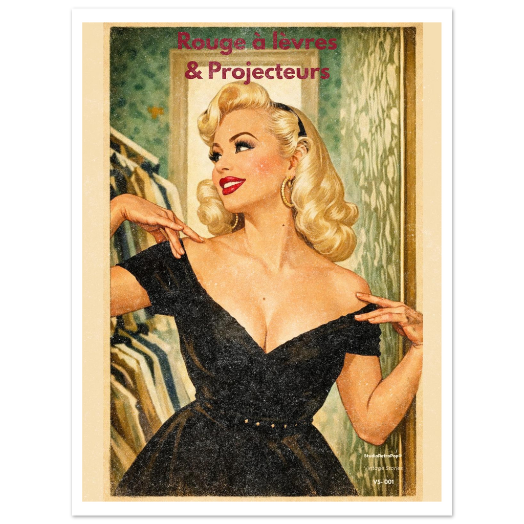 Affiche glamour rétro Rouge à lèvres & Projecteurs – illustration pin-up années 50 StudioRetroPop