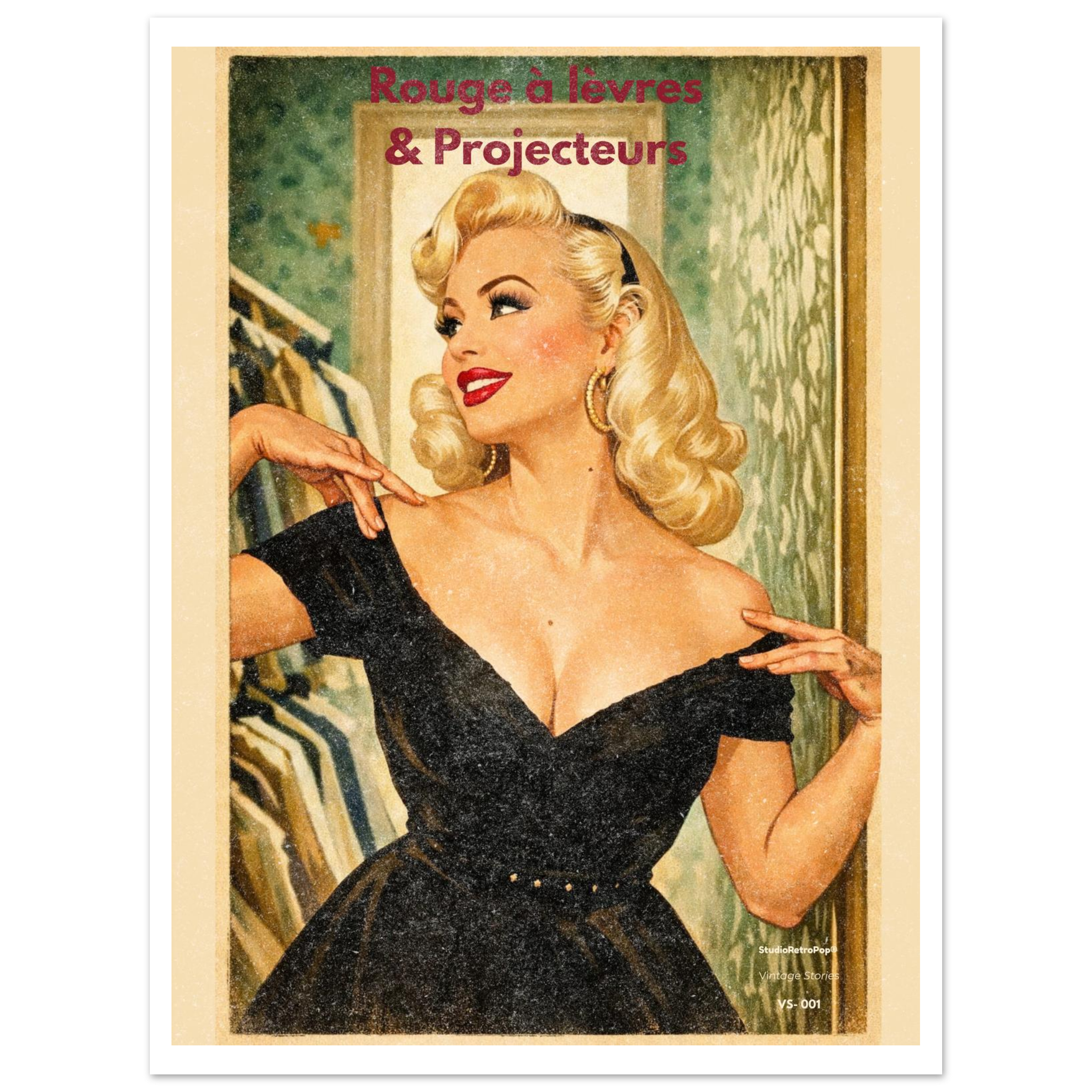 Affiche glamour rétro Rouge à lèvres & Projecteurs – illustration pin-up années 50 StudioRetroPop
