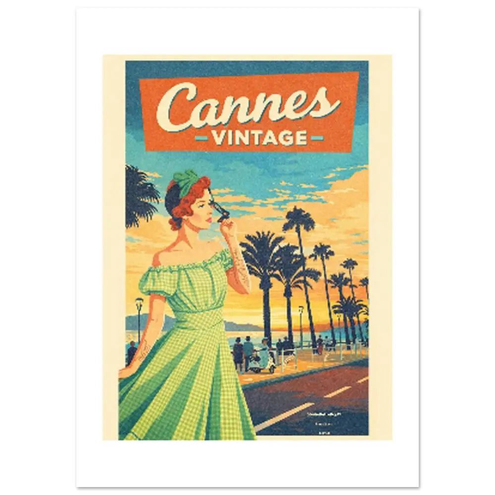 Affiche rétro « Cannes VINTAGE », femme en robe verte et palmiers sur ciel doré, de face avec marge blanche.