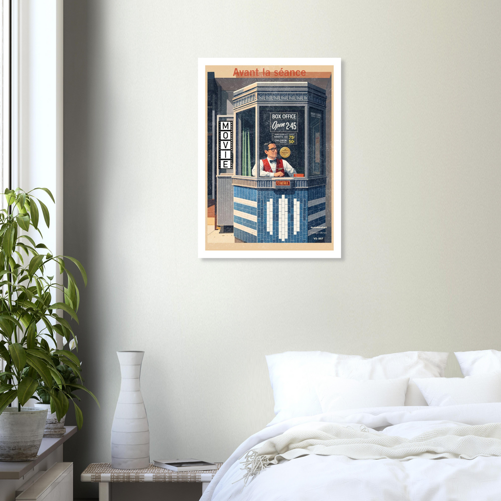Affiche Avant la séance en situation – décoration murale chambre, style vintage cinéma, impression HD papier FSC® – StudioRetroPop®