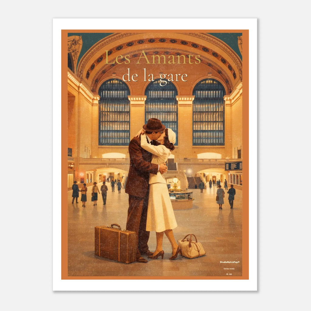 Affiche rétro « Les Amants de la gare » aux tons dorés, vue de face sans cadre avec fine marge blanche.