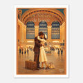 Affiche rétro « Les Amants de la gare » aux tons dorés, vue de face sans cadre avec fine marge blanche.