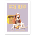 Affiche lilas "BASSET HOUND", chien brun et blanc et poulet jaune, de face ; "CALME - PLACIDE - AFFECTUEUX".

