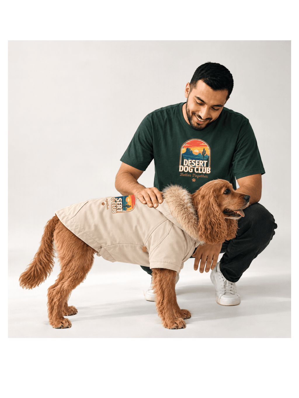 Homme portant un t-shirt Studioretropop et son chien en veste assortie Desert Dog Club.
