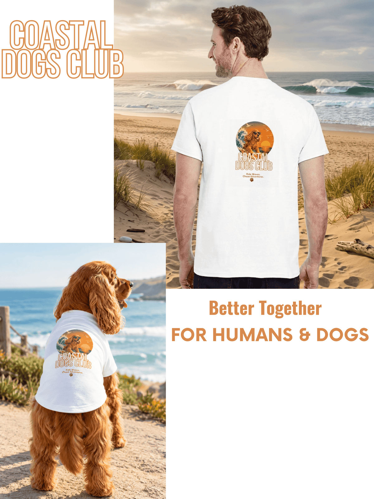 Lot de t-shirts assortis Studioretropop Coastal Dogs Club pour humain et chien à la plage.