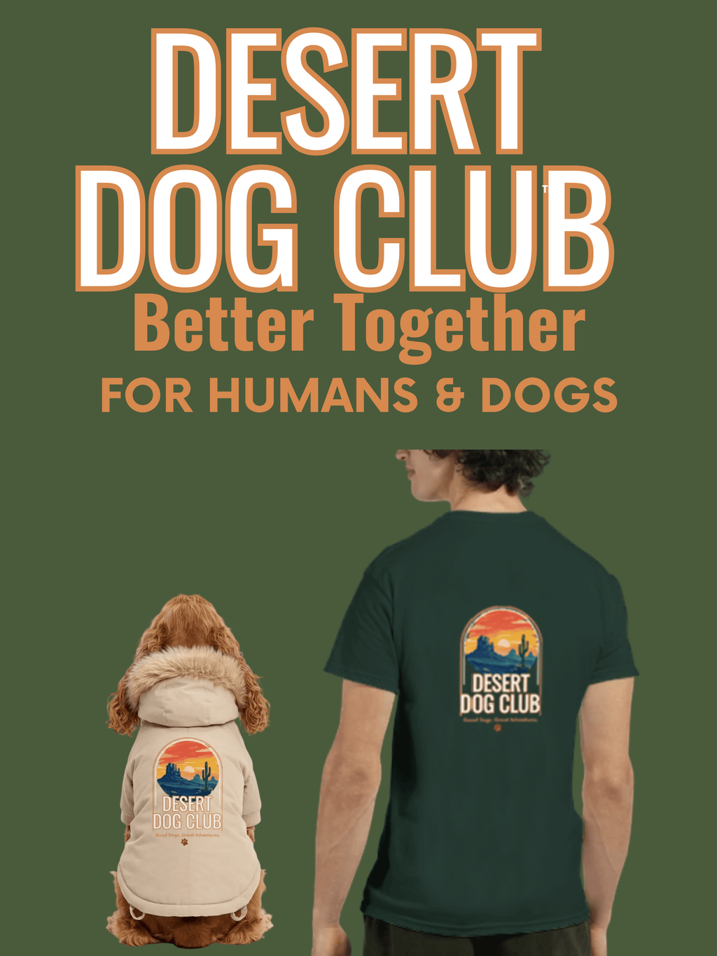 T-shirt et manteau pour chien assortis vert forêt avec logo rétro Desert Dog Club de Studioretropop.
