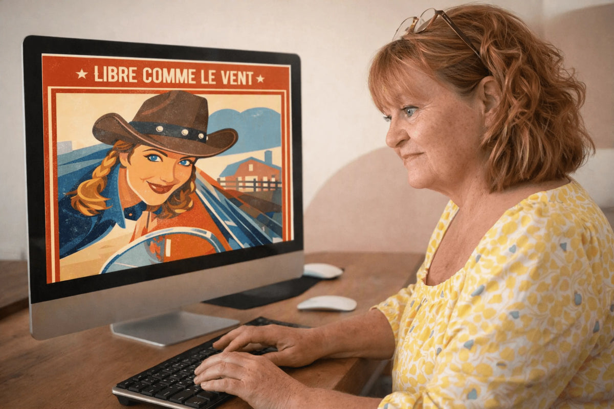 Femme regardant une affiche rétro pop "Libre comme le vent" sur un écran d'ordinateur.