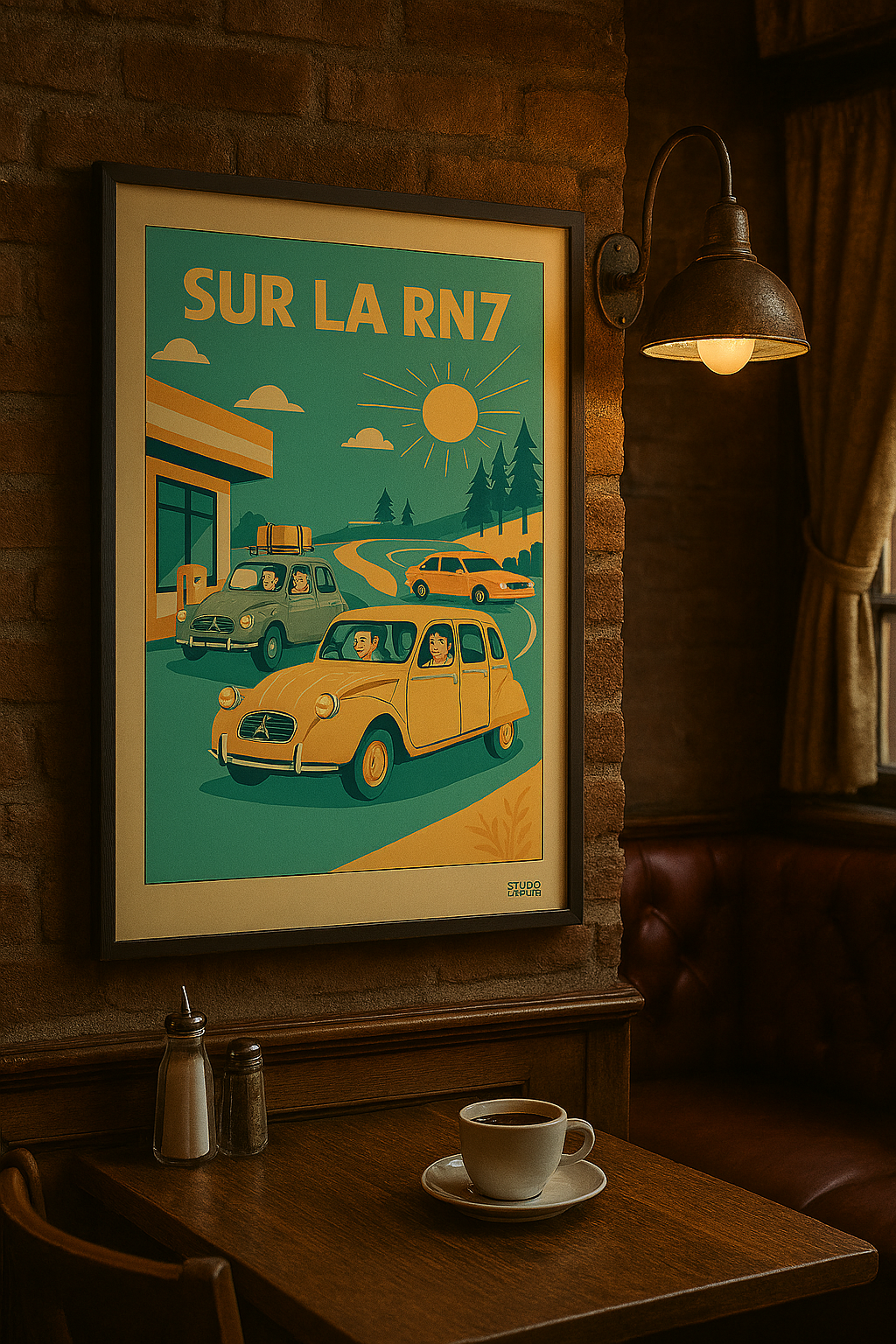 Affiche Sur la RN7 Années 50 -  49 x 69 cm avec cadre - Art Rétro Pop