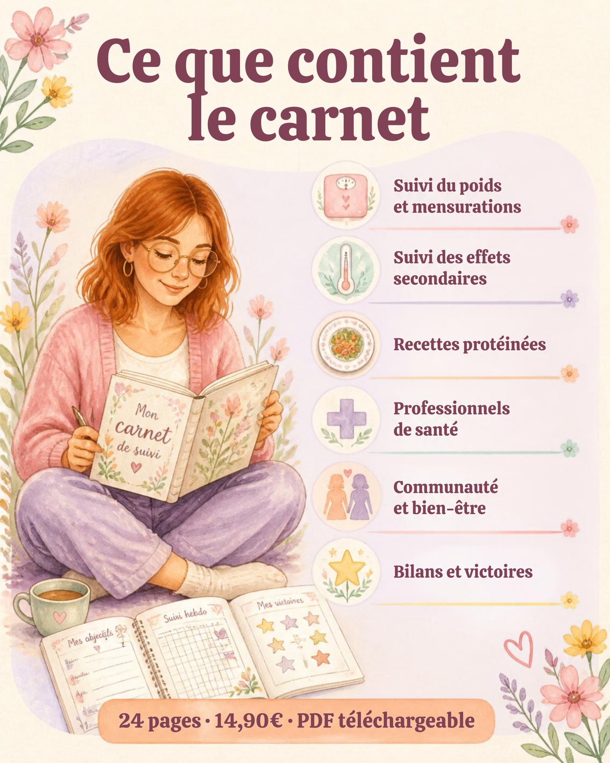 Carnet de suivi PDF perte de poids et traitement injectable, 24 pages, StudioRetroPop