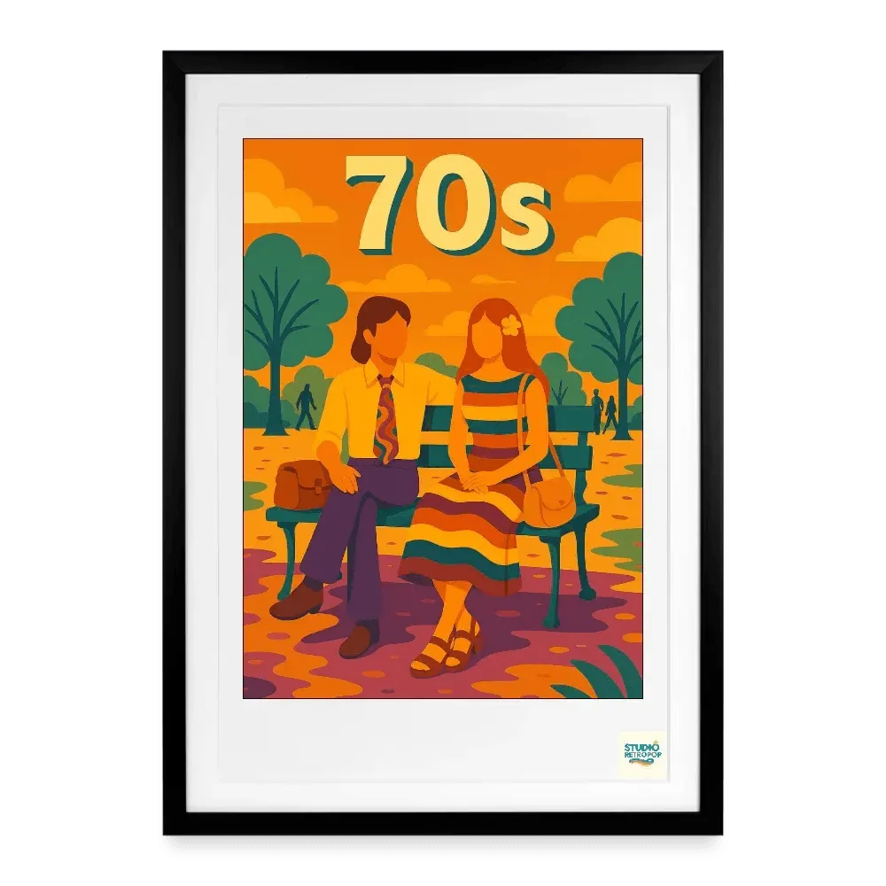 Affiche RDV Hippie Années StudioRetroPop représentant un couple style rétro des années 70.