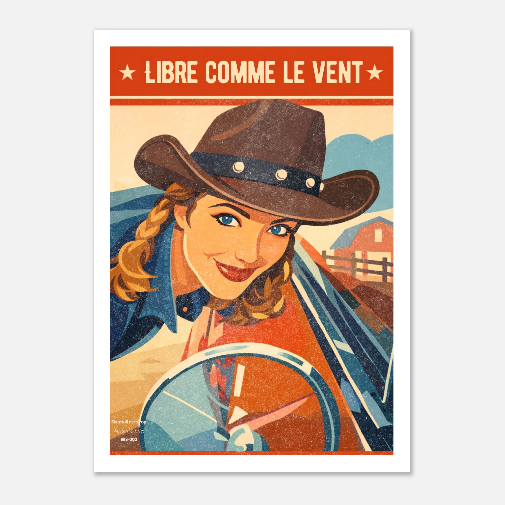 Affiche Libre comme le vent fond blanc - illustration cowgirl vintage rétro chic - StudioRetroPop®