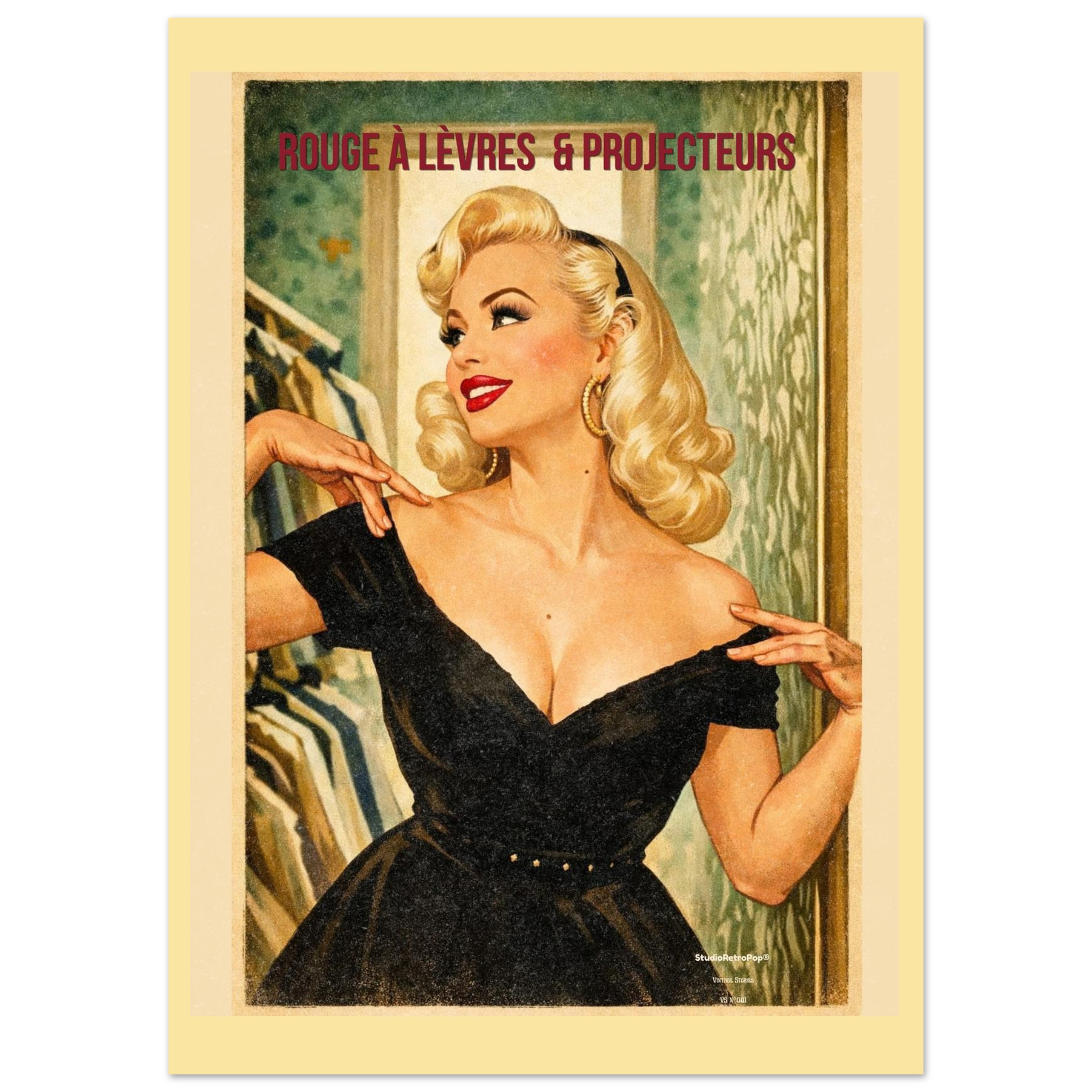 Affiche Rouge à lèvres & Projecteurs | Affiche vintage rétro – Collection Vintage Stories VS N°001 – StudioRetroPop® – 30x40 cm / 12x16″
