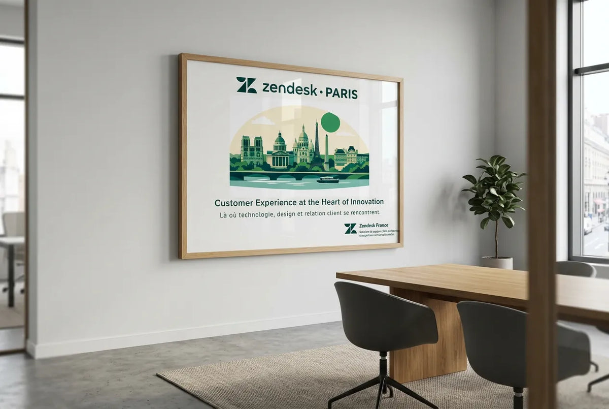 Affiche d'illustration Paris Zendesk encadrée dans une salle de réunion moderne et lumineuse