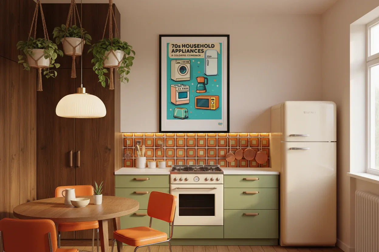 Affiche Électroménager - Mockup cuisine rétro 70s
