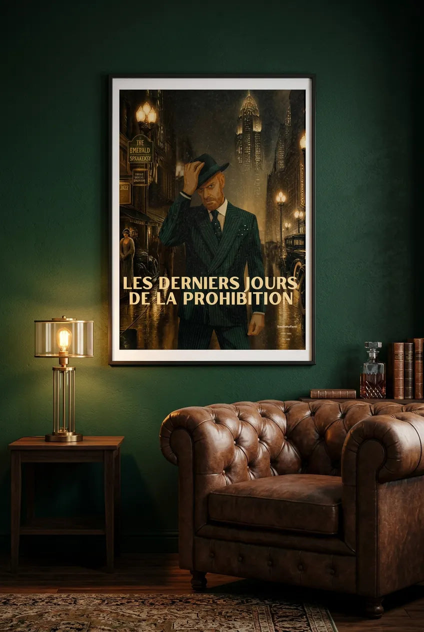 Affiche Les derniers jours de la prohibition encadrée dans un salon feutré aux murs vert foncé