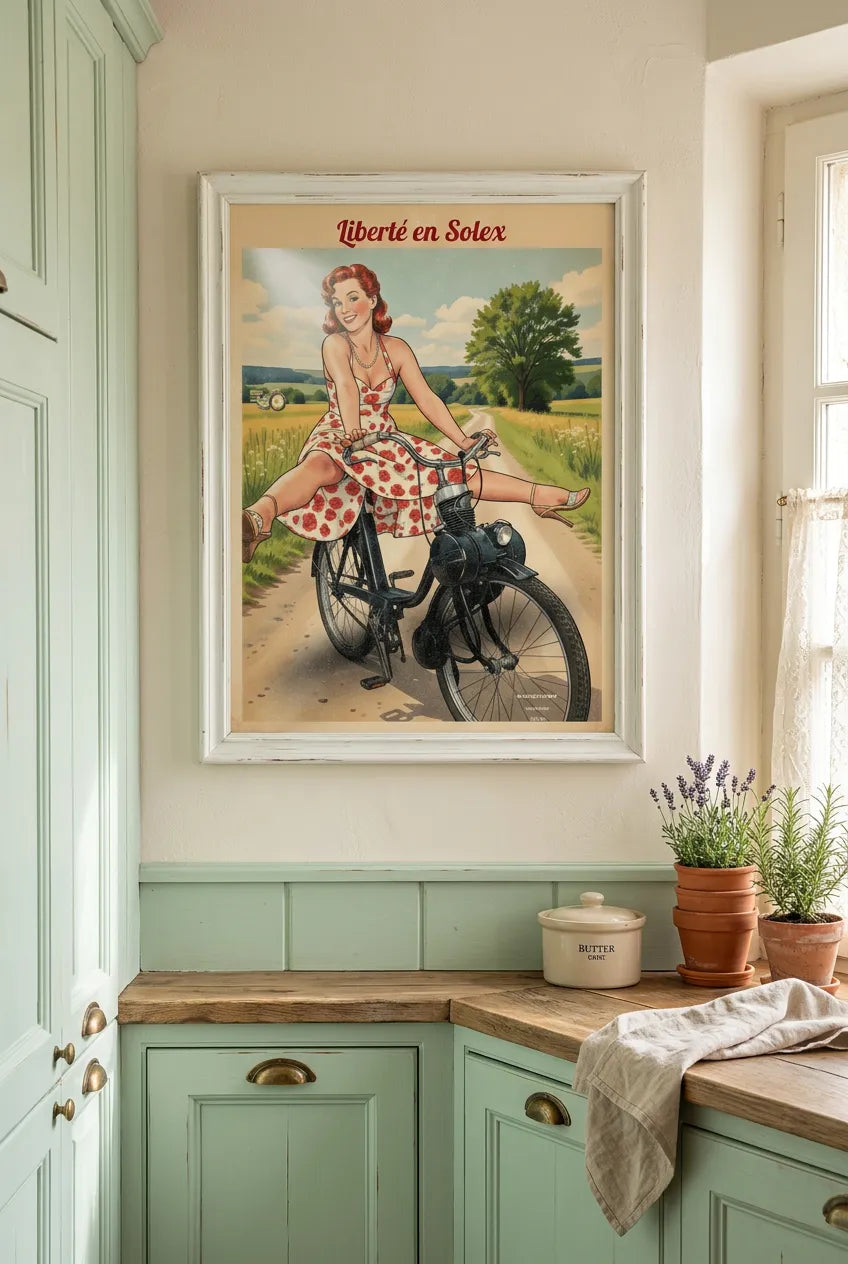 Affiche Liberté en Solex encadrée dans une cuisine campagnarde française aux tons pastel