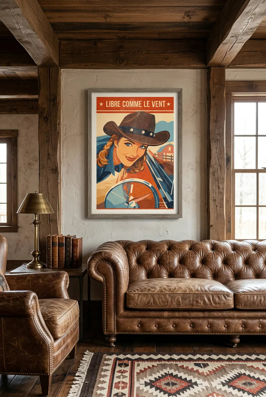 Affiche Libre comme le vent encadrée dans un salon chaleureux aux poutres bois et meubles en cuir