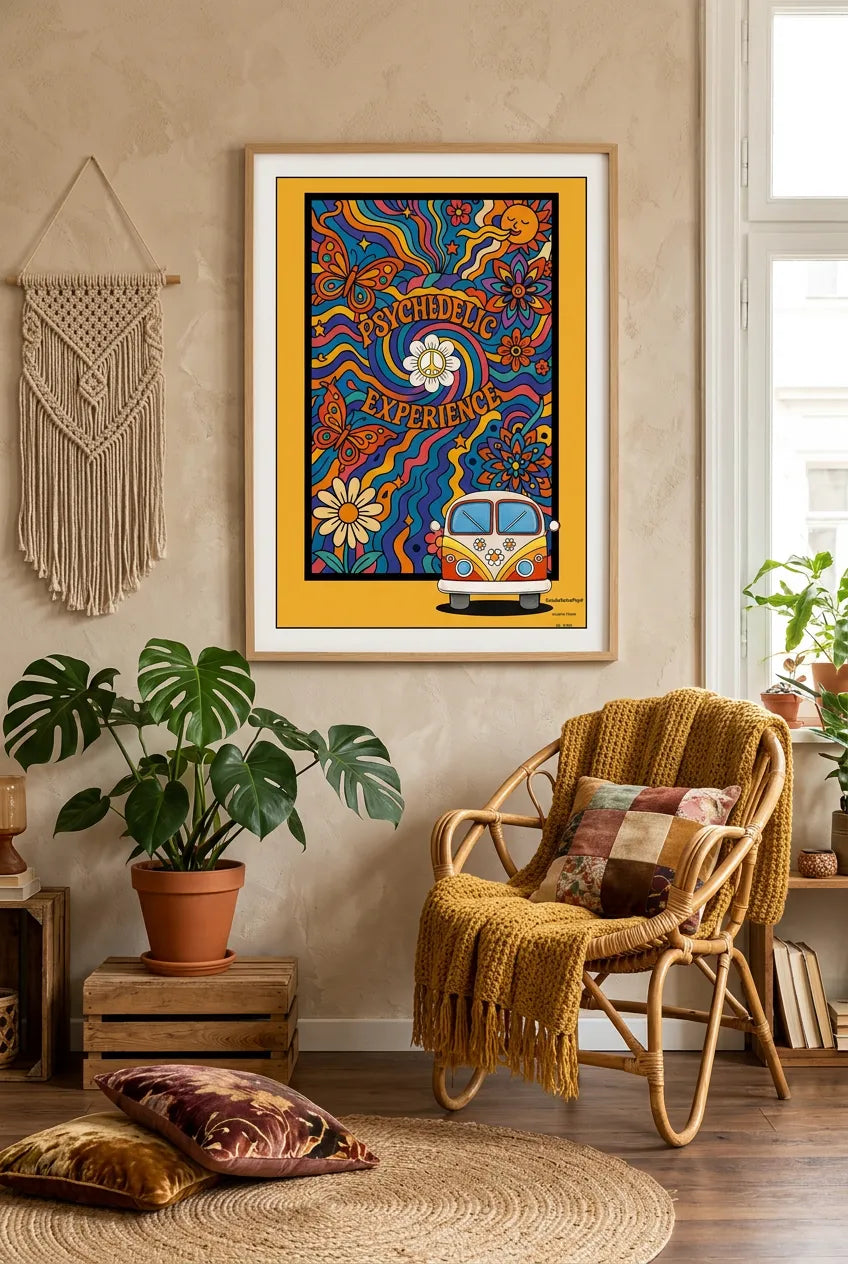 Affiche Psychédélique expérience encadrée dans un salon seventies bohème aux plantes verdoyantes