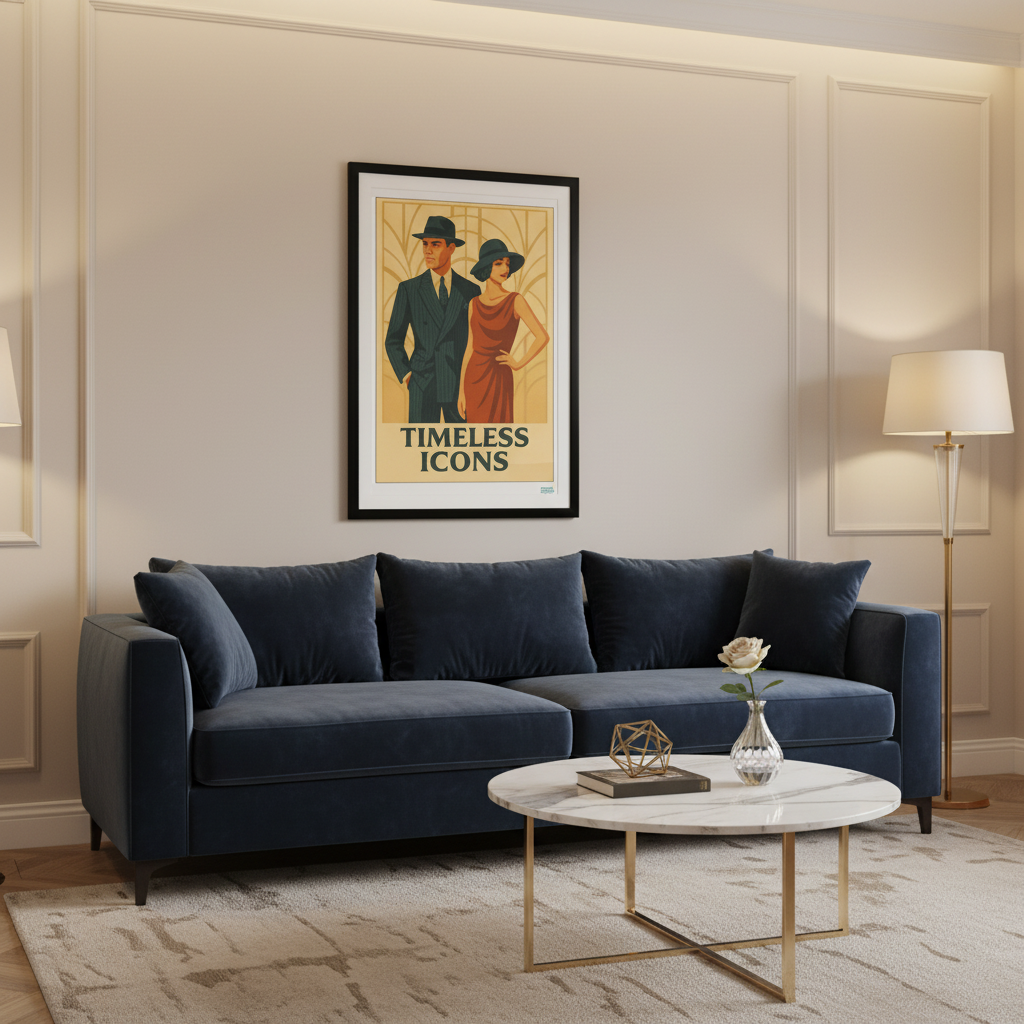 Affiche Timeless Icons encadrée dans salon élégant