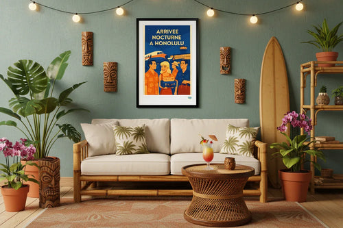 Affiche rétro Arrivée Nocturne à Honolulu Années 50 décoration murale tropical