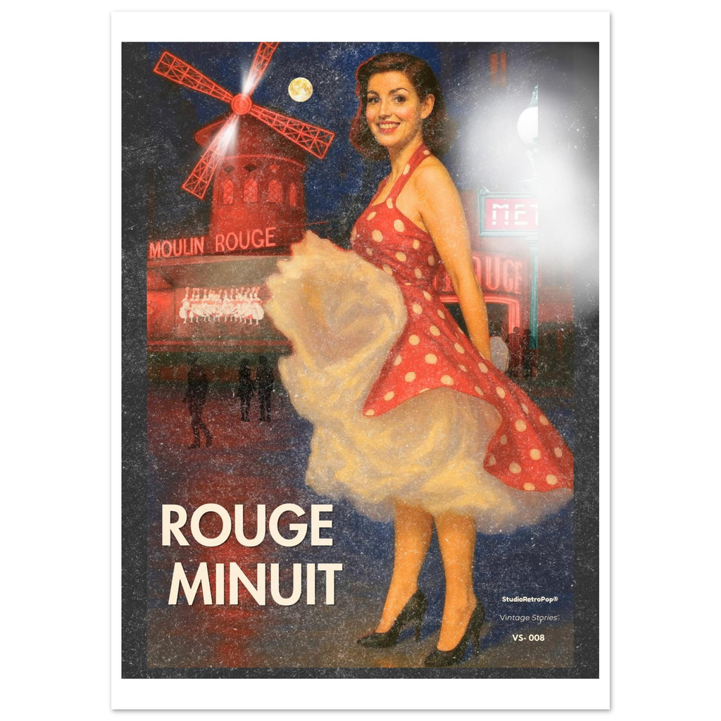 Affiche Rouge Minuit – pin-up robe à pois devant le Moulin Rouge, nuit parisienne rétro, esthétique vintage années 50 – StudioRetroPop® VS-008