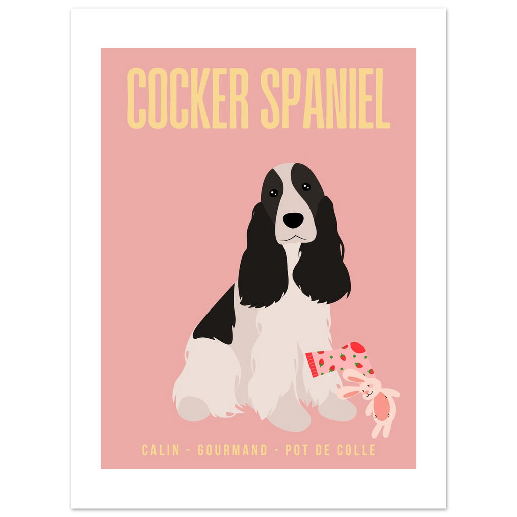 Affiche Cocker Spaniel w/b–Calin - Gourmand - Pot de colle - Poster 30 x40 cm - Collection Dogs stories – StudioRetroPop®