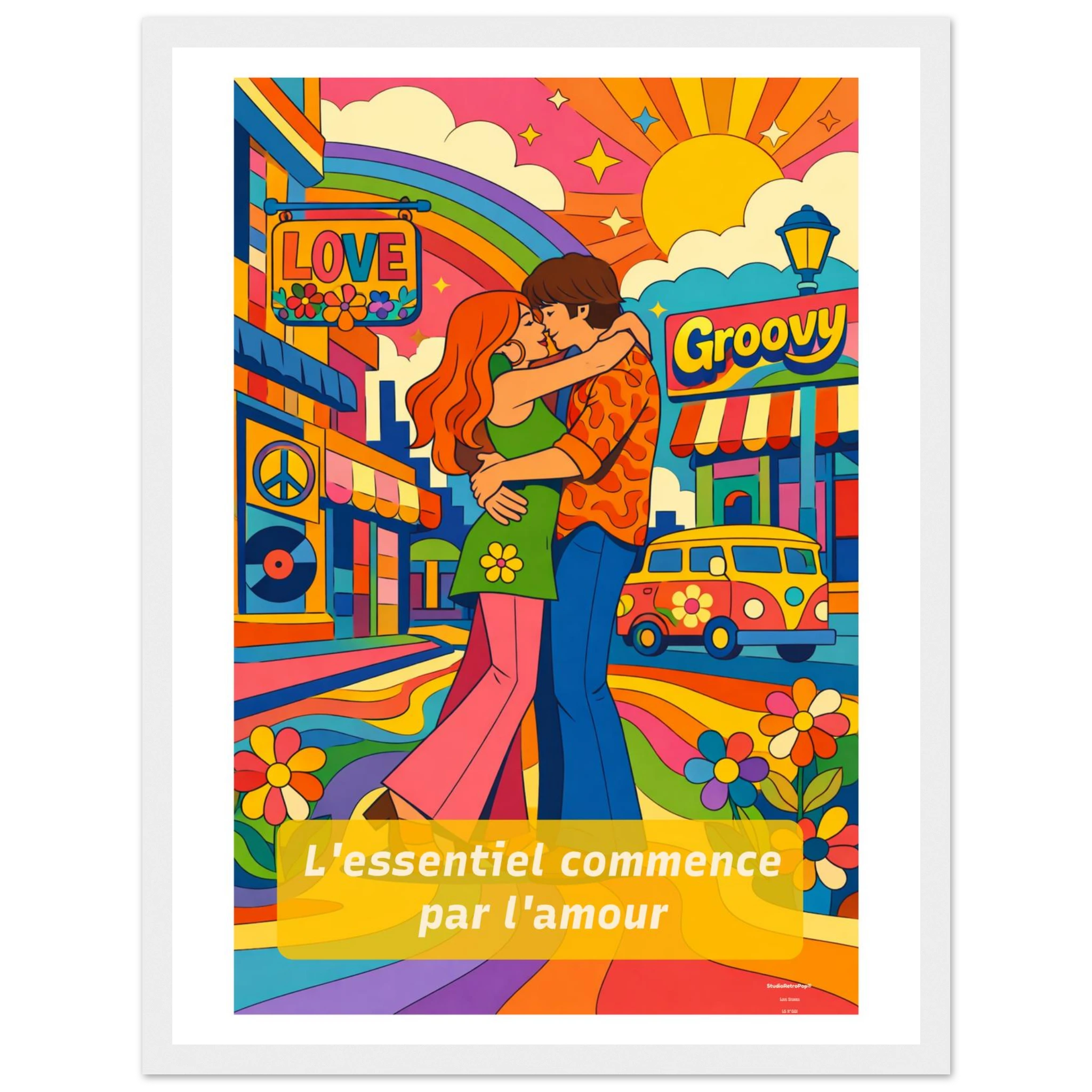 Affiche L’essentiel commence par l’amour - Affiche Colorée - Collection Love Stories LS N°001 – StudioRetroPop® – 30x40 cm / 12x16″