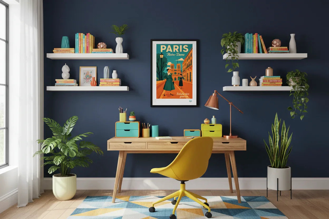 Bureau coloré avec affiche Notre-Dame
