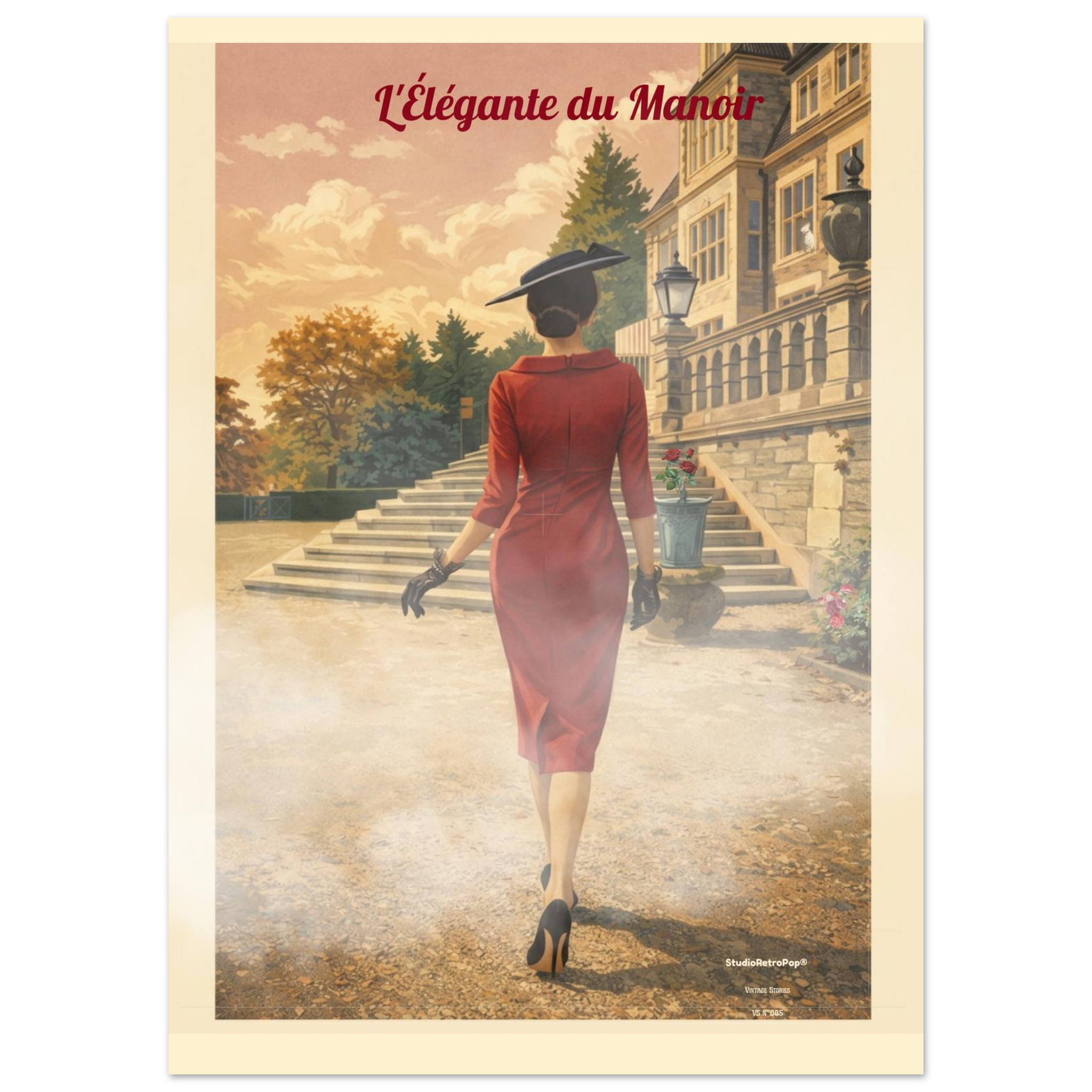Affiche L'élégante du manoir — Affiche vintage chic – Collection Vintage Stories VS N°005 – StudioRetroPop® – 30x40 cm / 12x16″