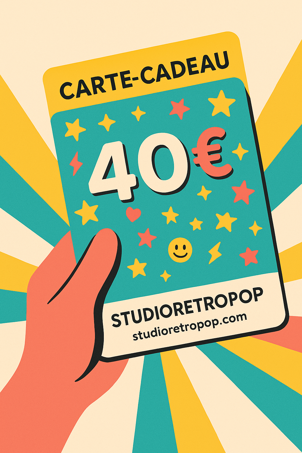 Main stylisée tendant une carte-cadeau StudioRetroPop de 40 €, sur fond crème avec motifs rétro colorés.