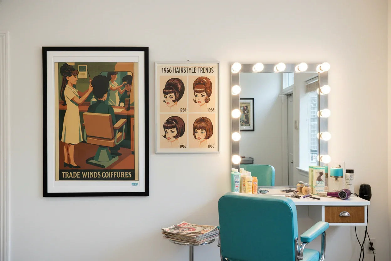 Affiche rétro Coiffures Iconiques 1966 Années 60 décoration murale salon coiffure