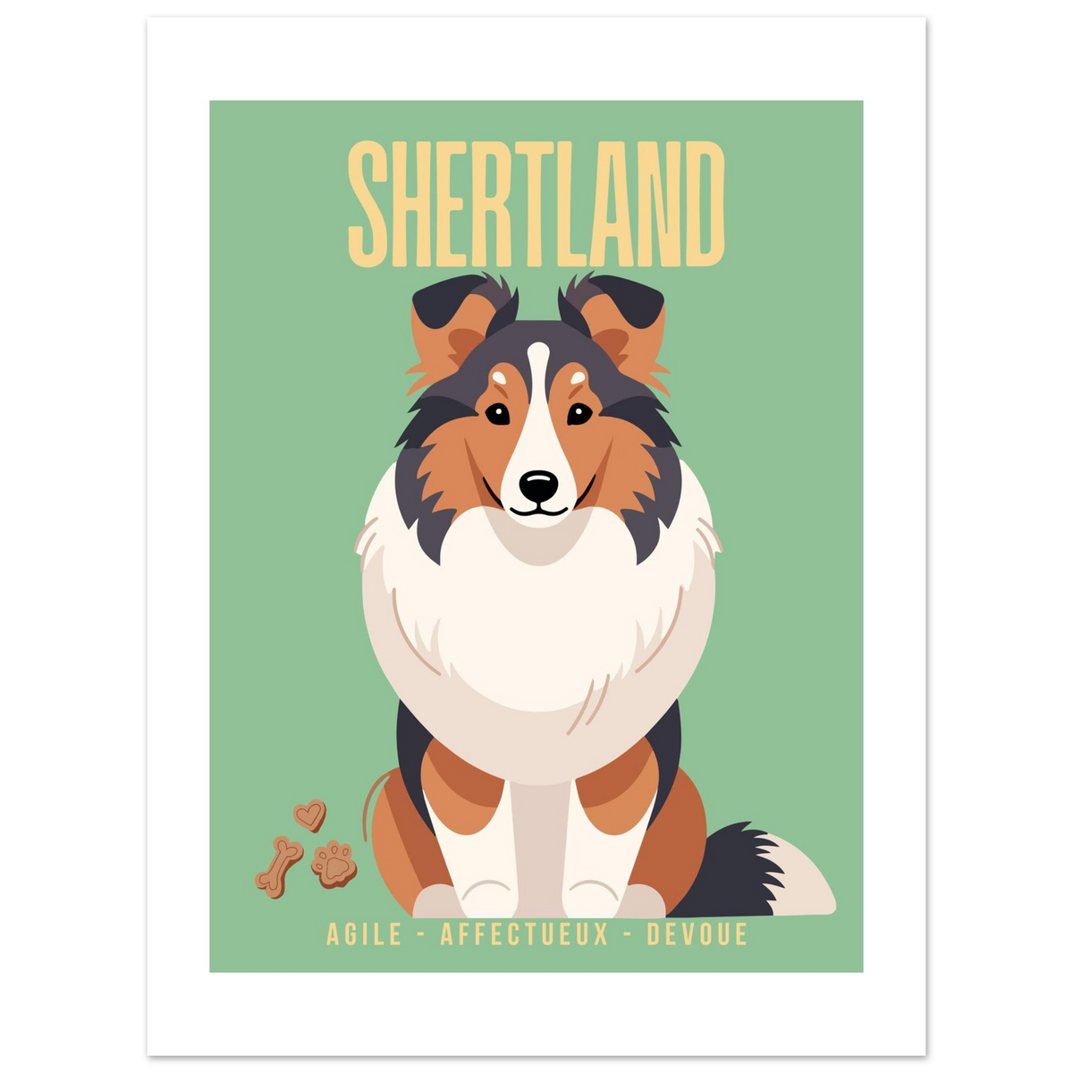 Affiche Shertland–Agile- Affectueux -dévoué - Poster 30 x40 cm - Collection Dogs stories – StudioRetroPop®