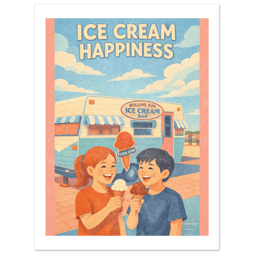 Affiche encadrée Ice Cream Happiness représentant deux enfants souriants avec des cornets de glace devant une caravane glacier rétro