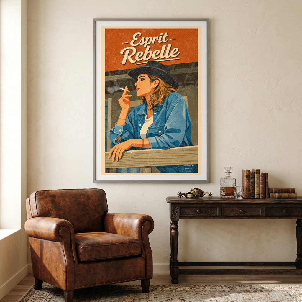 	Affiche rétro orange et bleue « Esprit Rebelle », au mur d’un salon avec fauteuil en cuir brun et console