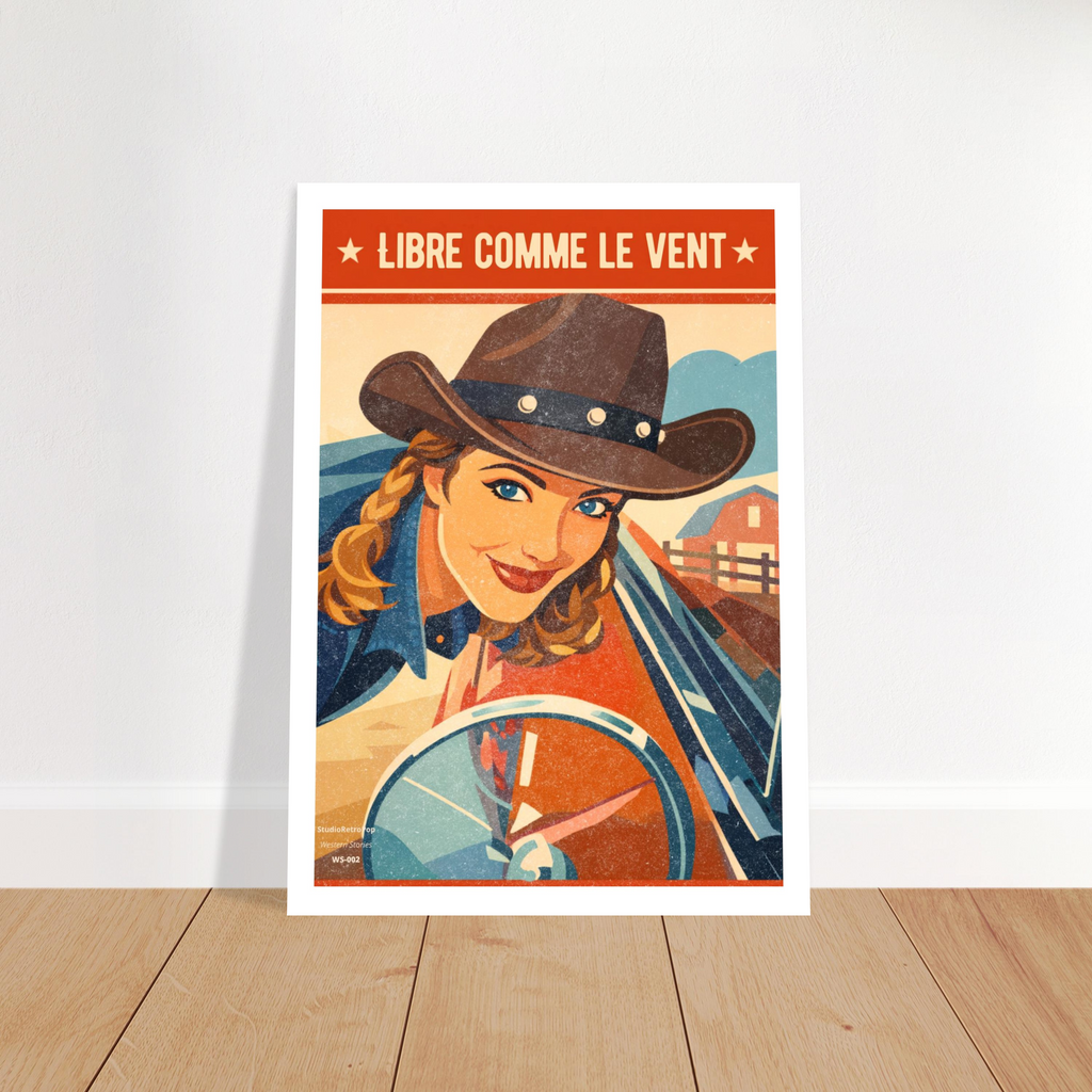 Poster Libre comme le vent posé au sol - affiche cowgirl rétro pop - Collection Western Stories WS-002