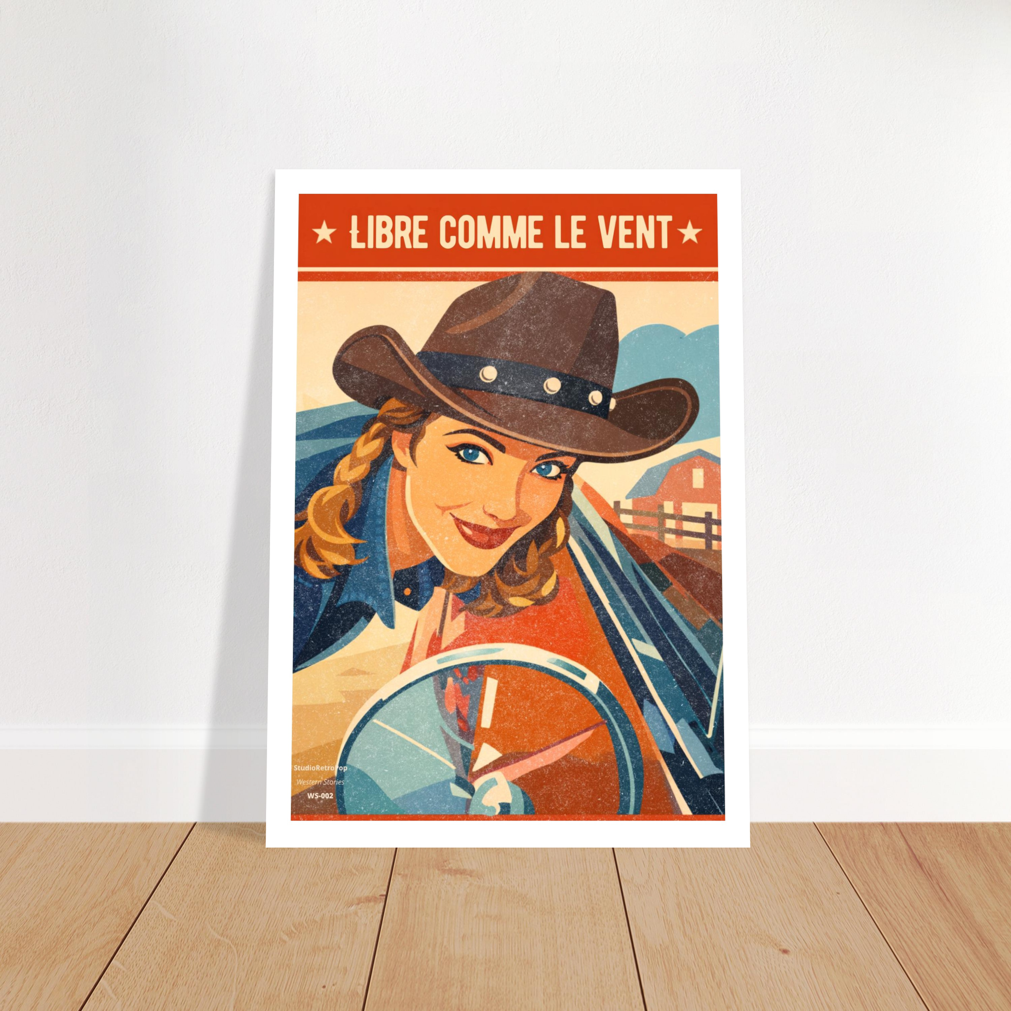 Poster Libre comme le vent posé au sol - affiche cowgirl rétro pop - Collection Western Stories WS-002