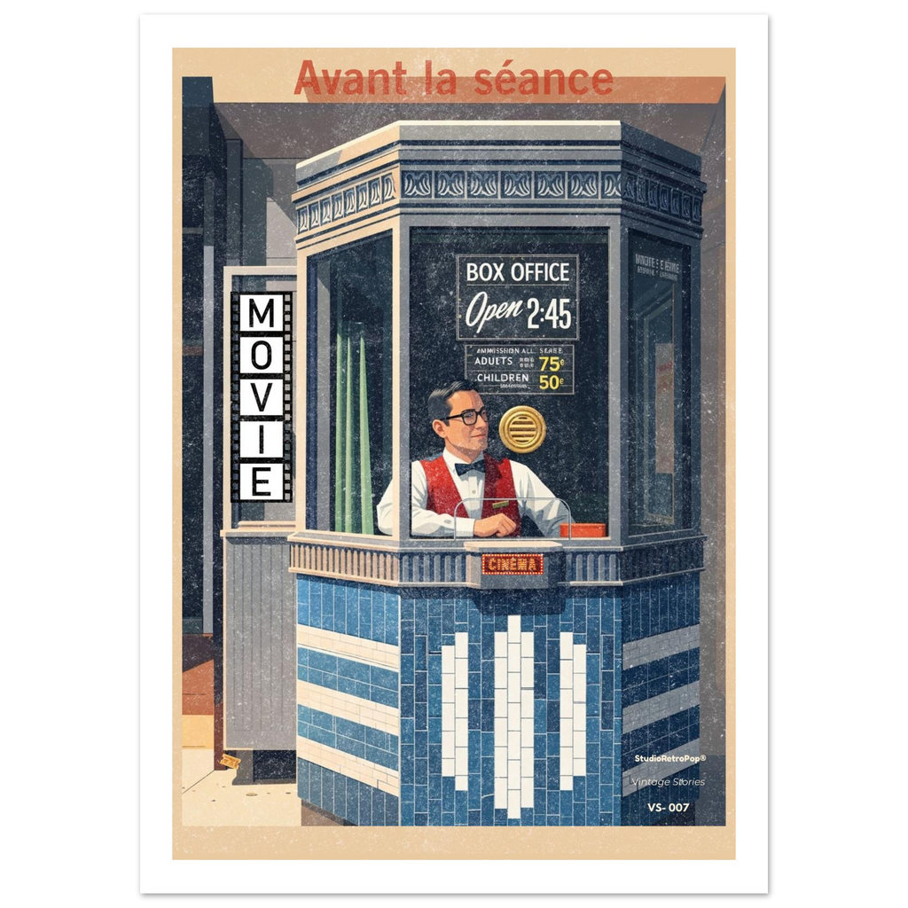 Affiche Avant la séance – caissier de cinéma vintage, box office années 50, esthétique rétro chic – StudioRetroPop® VS-007