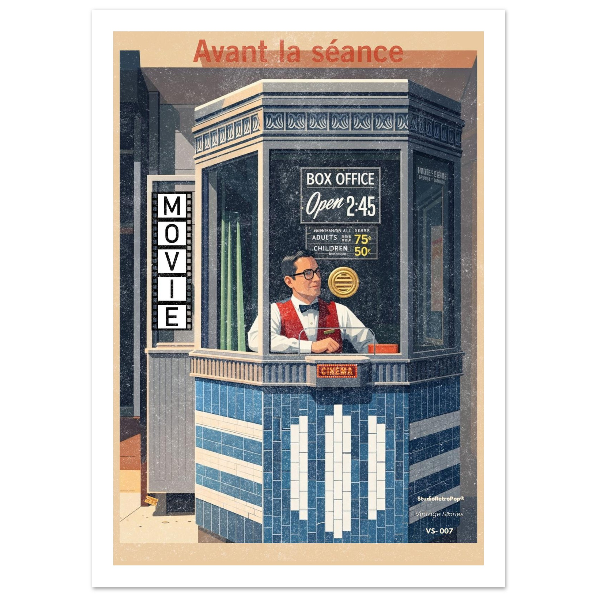 Affiche Avant la séance – caissier de cinéma vintage, box office années 50, esthétique rétro chic – StudioRetroPop® VS-007